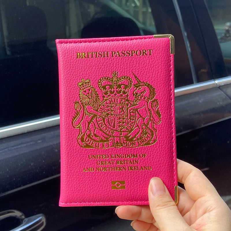 Women Travel Passport Cover UK Pu Leather Pink Case for Passport Girl Fashion United Kingdom Holder Passport Travel Wallet